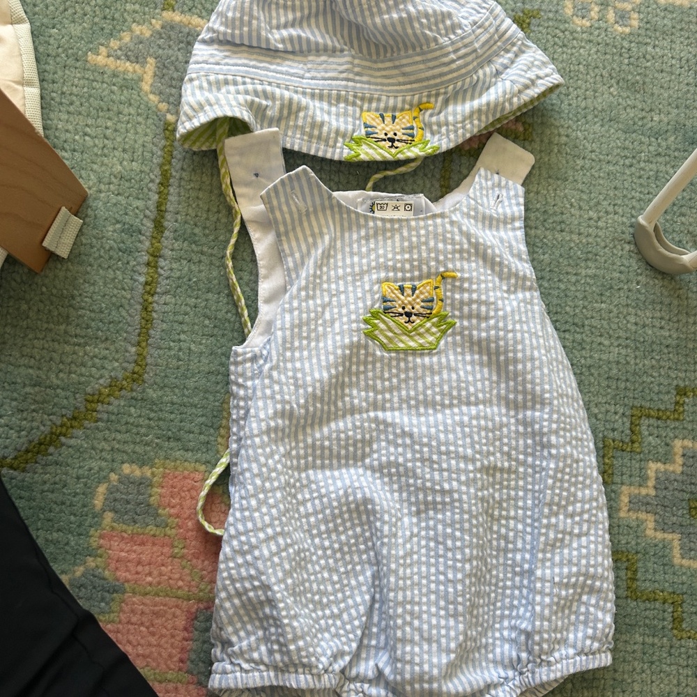 Florence Eiseman Seersucker Onesie with Matching Bonnet